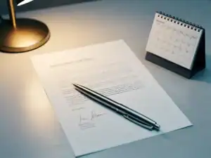 Ondertekend arbeidscontract op modern bureau naast bureaukalender, pen diagonaal op document, warm kantoorlicht.