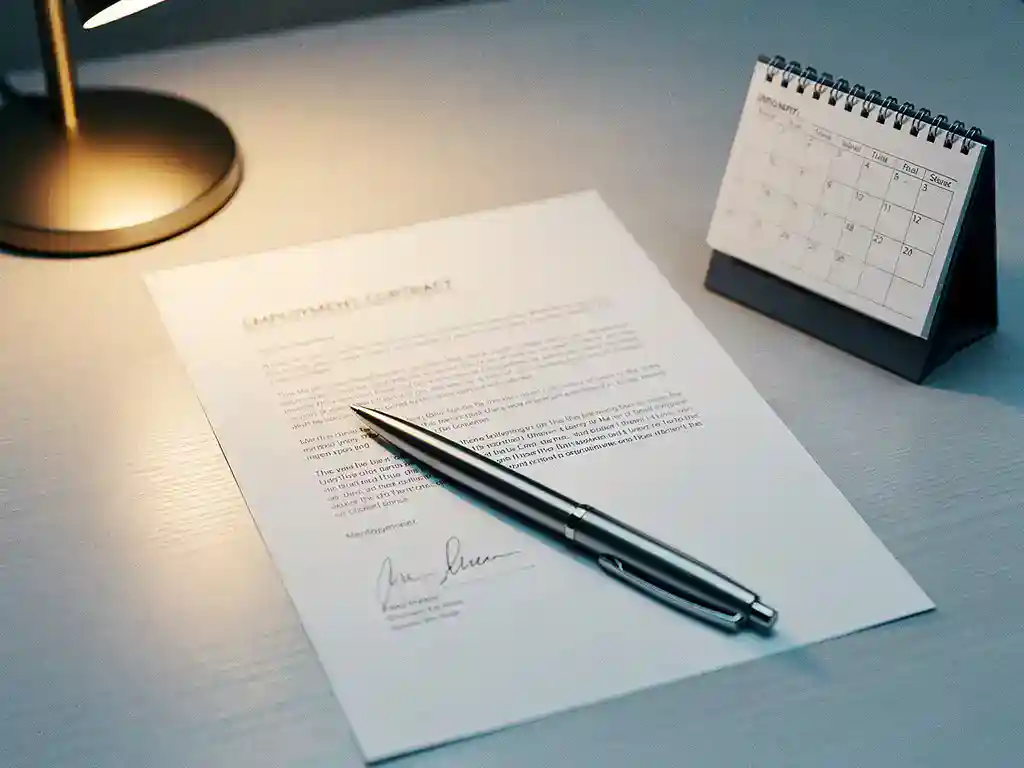 Ondertekend arbeidscontract op modern bureau naast bureaukalender, pen diagonaal op document, warm kantoorlicht.
