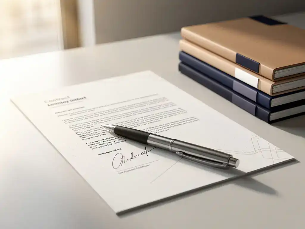Ondertekend arbeidscontract op modern bureau met salarisadministratiemappen en pen, warm natuurlijk licht in professionele kantooromgeving.