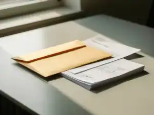 Verzegelde manila envelop en ondertekend arbeidscontract op modern bureau, met een organigram eronder, in warm natuurlijk licht.