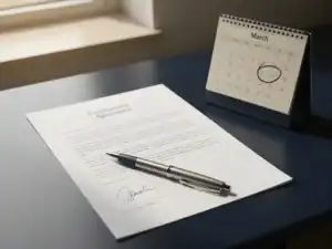 Ondertekend arbeidscontract op bureaubureau naast bureaukalender met omcirkelde datum en pen, gefotografeerd in zacht natuurlijk licht.