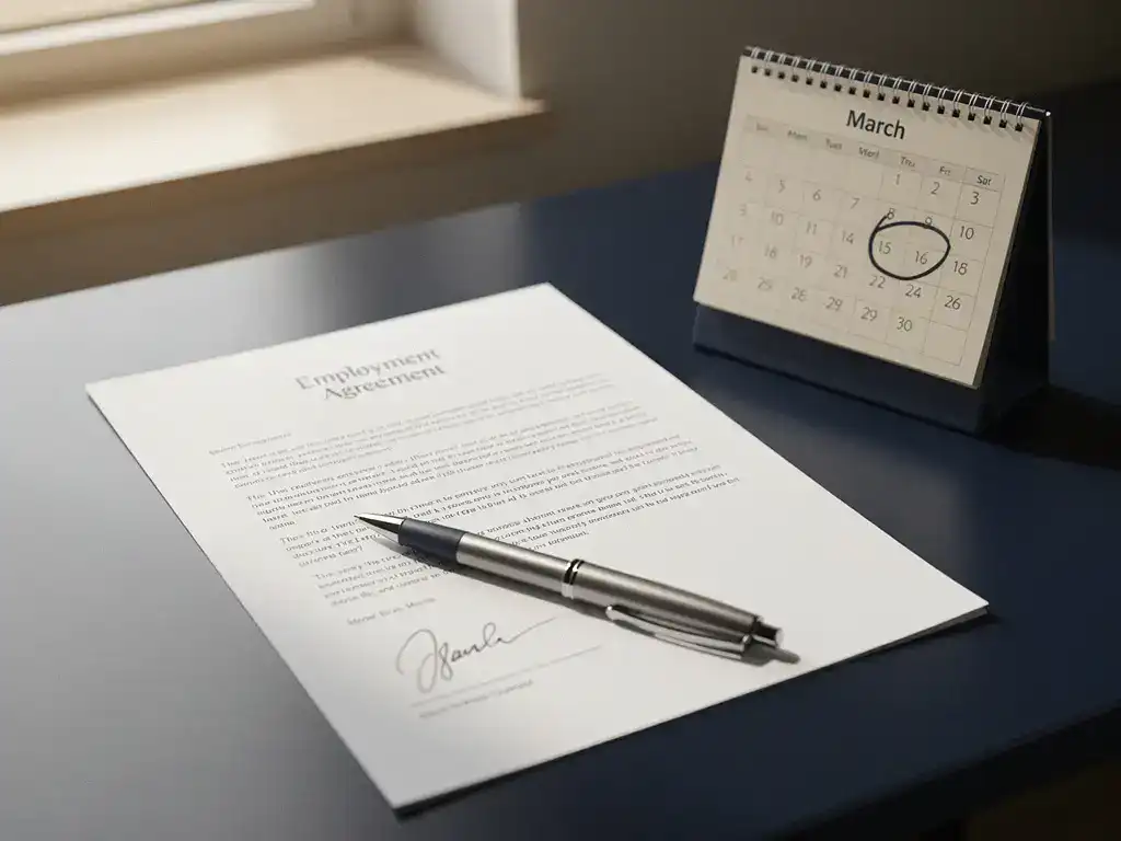 Ondertekend arbeidscontract op bureaubureau naast bureaukalender met omcirkelde datum en pen, gefotografeerd in zacht natuurlijk licht.