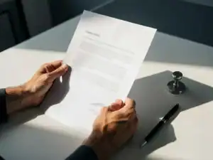 Handen houden een formeel arbeidscontract boven een modern bureau, met bedrijfsstempel en pen ernaast, warm natuurlijk licht.