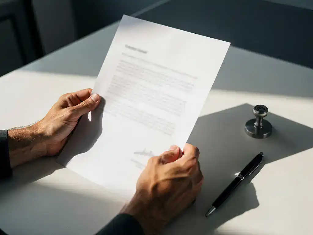 Handen houden een formeel arbeidscontract boven een modern bureau, met bedrijfsstempel en pen ernaast, warm natuurlijk licht.