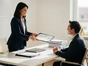 Hiring manager reikt ondertekend arbeidscontract aan over modern bureau, laptop en administratieve documenten op de achtergrond.