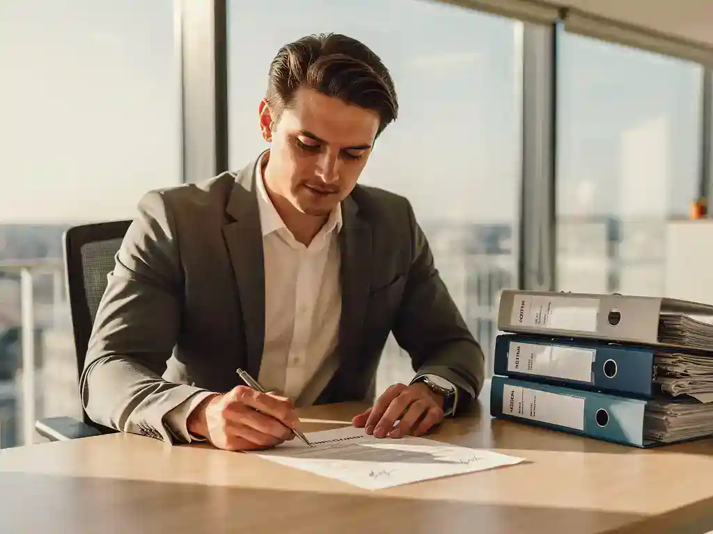 Professional bekijkt ondertekend arbeidscontract aan modern bureau met personeelsdossiers, natuurlijk daglicht, kantooromgeving.