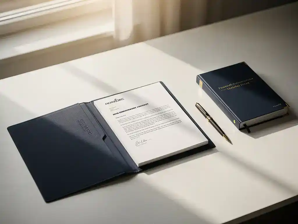 Open arbeidscontract map naast salarisadministratie ordner en pen op modern bureau met natuurlijk raamlicht.