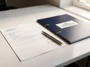 Arbeidscontract en salarisadministratiemap naast elkaar op modern bureau met pen, warm natuurlijk licht.