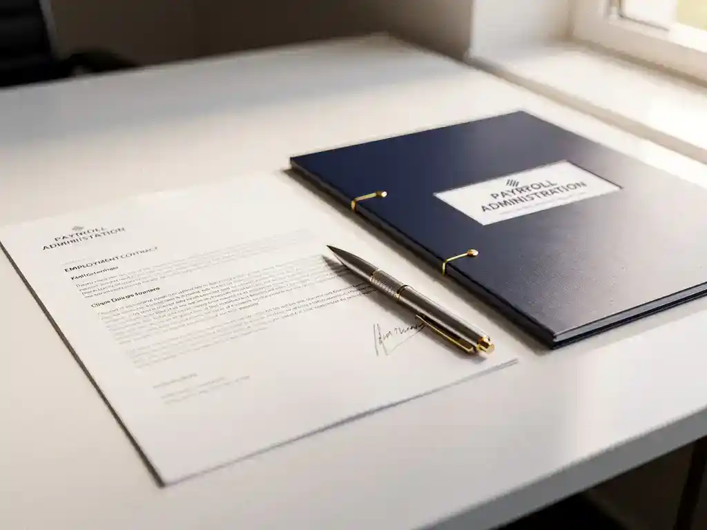 Arbeidscontract en salarisadministratiemap naast elkaar op modern bureau met pen, warm natuurlijk licht.
