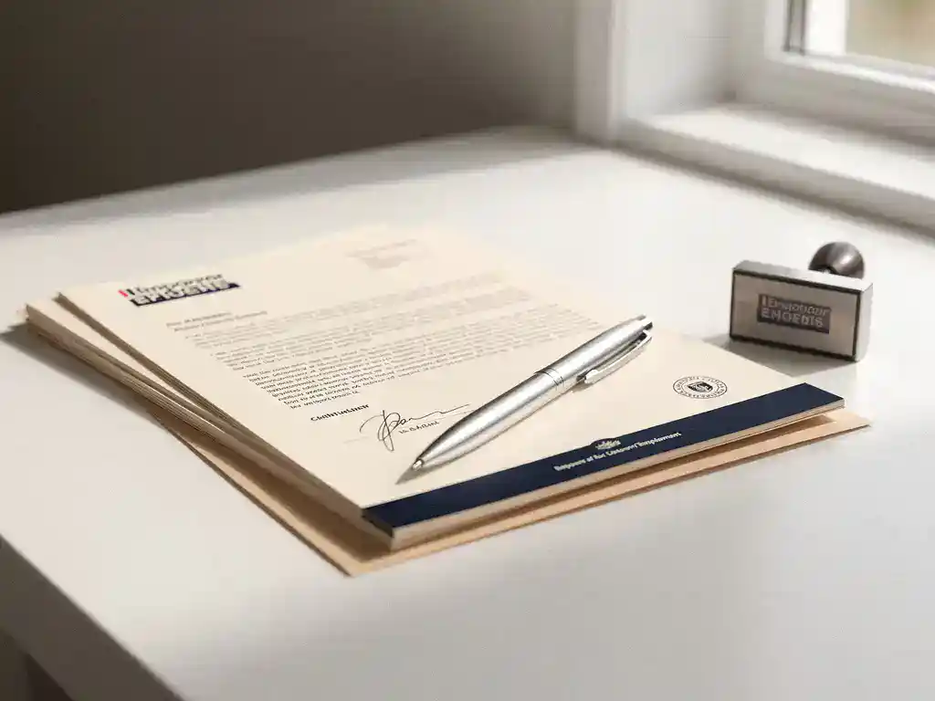 Ondertekend arbeidscontract met werkgeversstempel en pen op wit bureau, zacht natuurlijk licht.