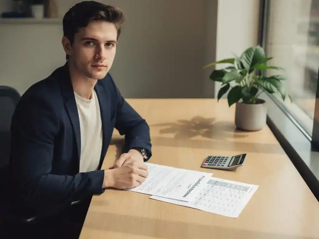 Jonge ondernemer bestudeert eerste arbeidscontract en loonstrook aan modern bureau met plant en calculator in warm natuurlijk licht.