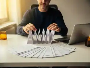 Werkgever past flexibel arbeidscontract aan op modern bureau met gelaagde documenten en laptop, warm natuurlijk licht.