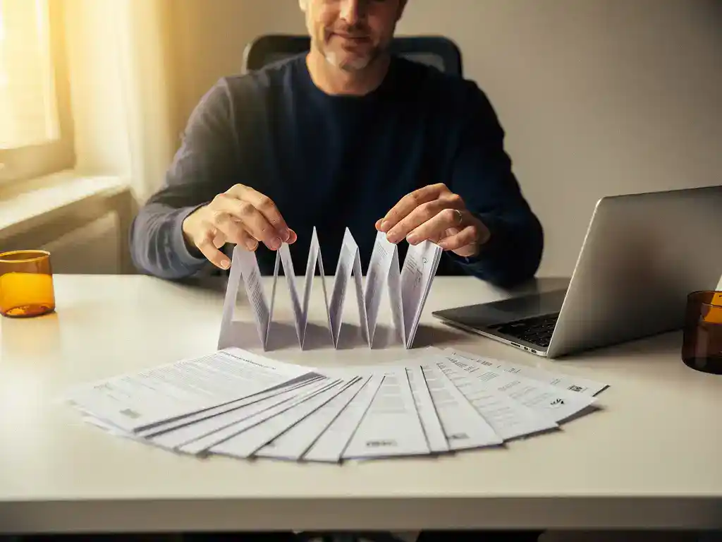 Werkgever past flexibel arbeidscontract aan op modern bureau met gelaagde documenten en laptop, warm natuurlijk licht.