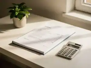 Freelancer bureau met salarisadministratiemap, rekenmachine en kamerplant in warm ivoor en leisteenblauw licht.