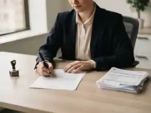 Freelanceprofessional ondertekent arbeidscontract aan modern bureau met loonstroken, bedrijfsstempel en natuurlijk licht.