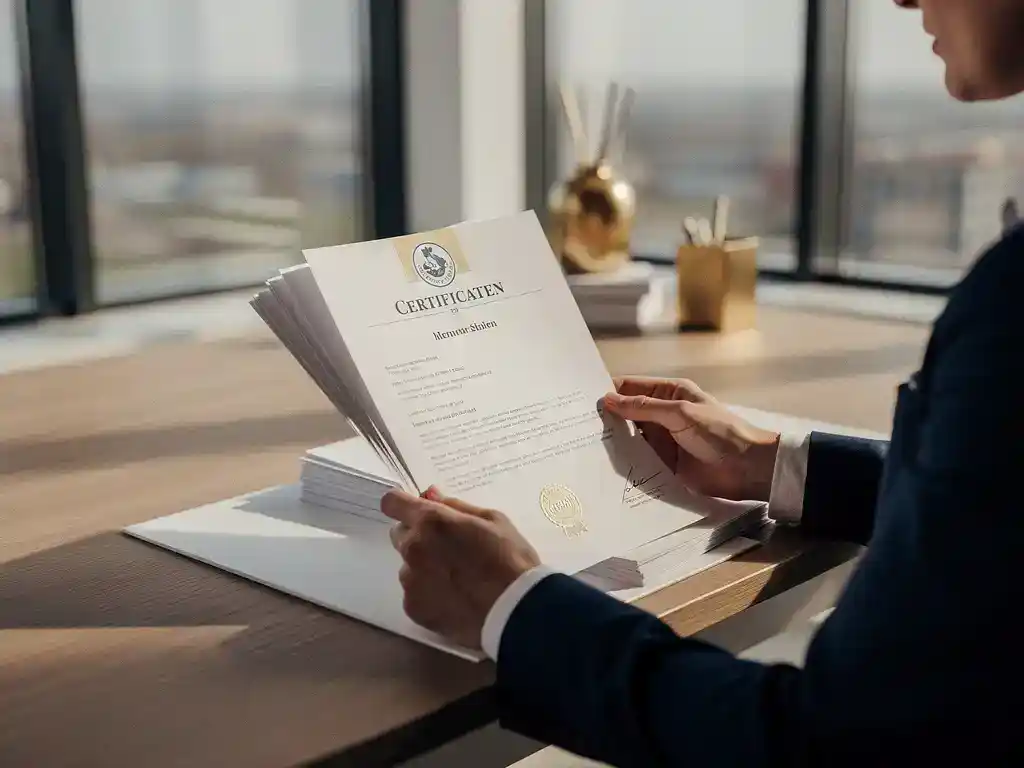 Zakelijke professional bekijkt certificeringsdocumenten en keurmerk op modern Nederlands bureau in warm natuurlijk licht.