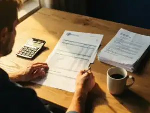 Ondernemer bestudeert loonkostenoverzicht op eikenhouten bureau met calculator, arbeidscontracten en koffiemok in warm natuurlijk licht.