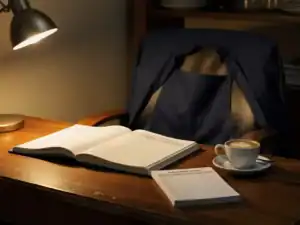 Opengeslagen loonboek en personeelsurenlijsten naast dampende espresso in een café-backoffice, met een keukenschort over de stoel.