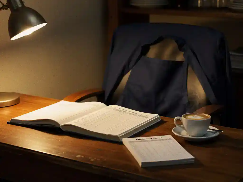 Opengeslagen loonboek en personeelsurenlijsten naast dampende espresso in een café-backoffice, met een keukenschort over de stoel.