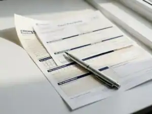 Nederlandse loonstrook gedeeltelijk over een belastingaangifte op een wit bureau, met een pen erbovenop in zacht daglicht.