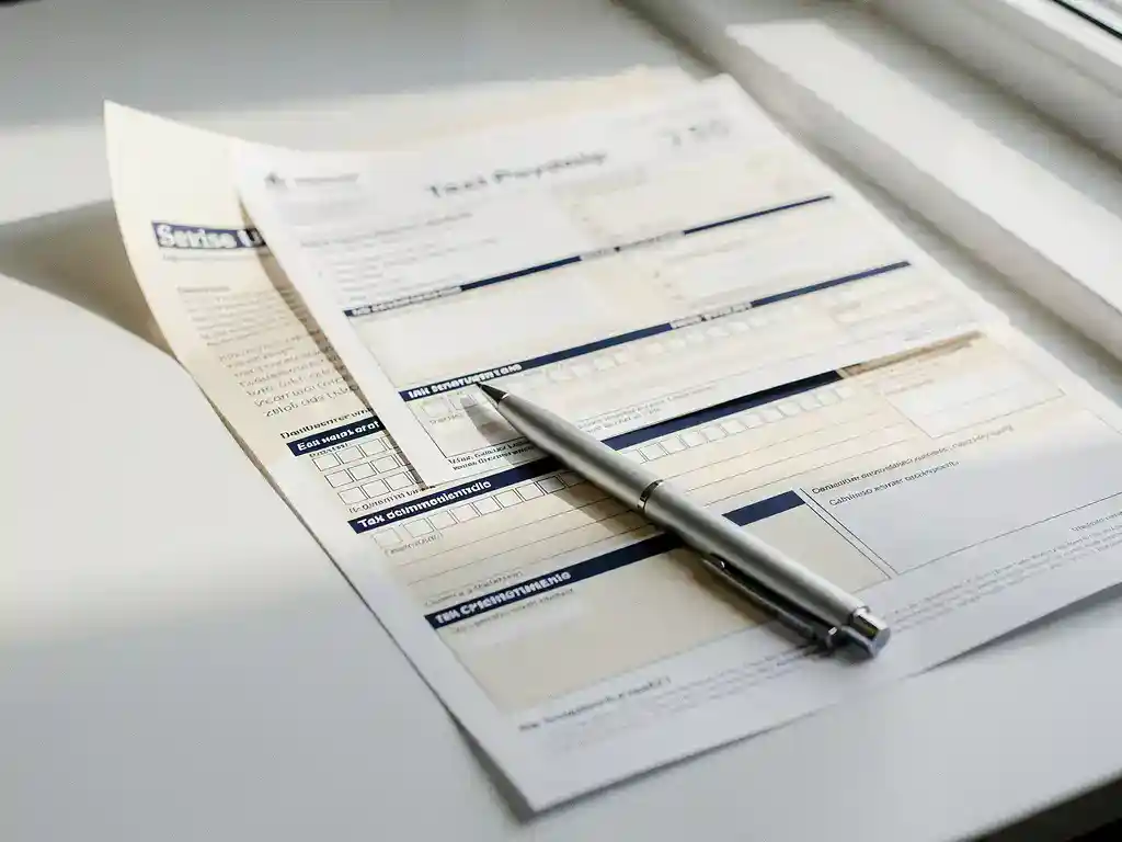 Nederlandse loonstrook gedeeltelijk over een belastingaangifte op een wit bureau, met een pen erbovenop in zacht daglicht.