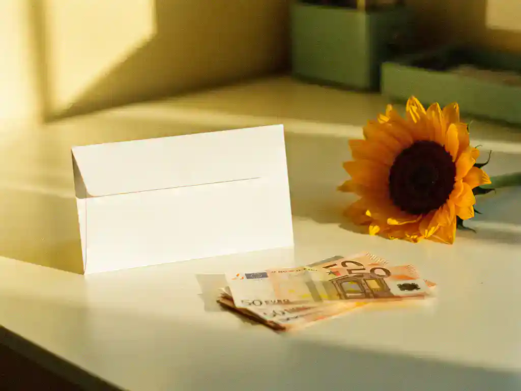 Witte loonstrookjesenvelop op modern bureau naast eurobiljetten en een zonnebloem in warm middaglicht.