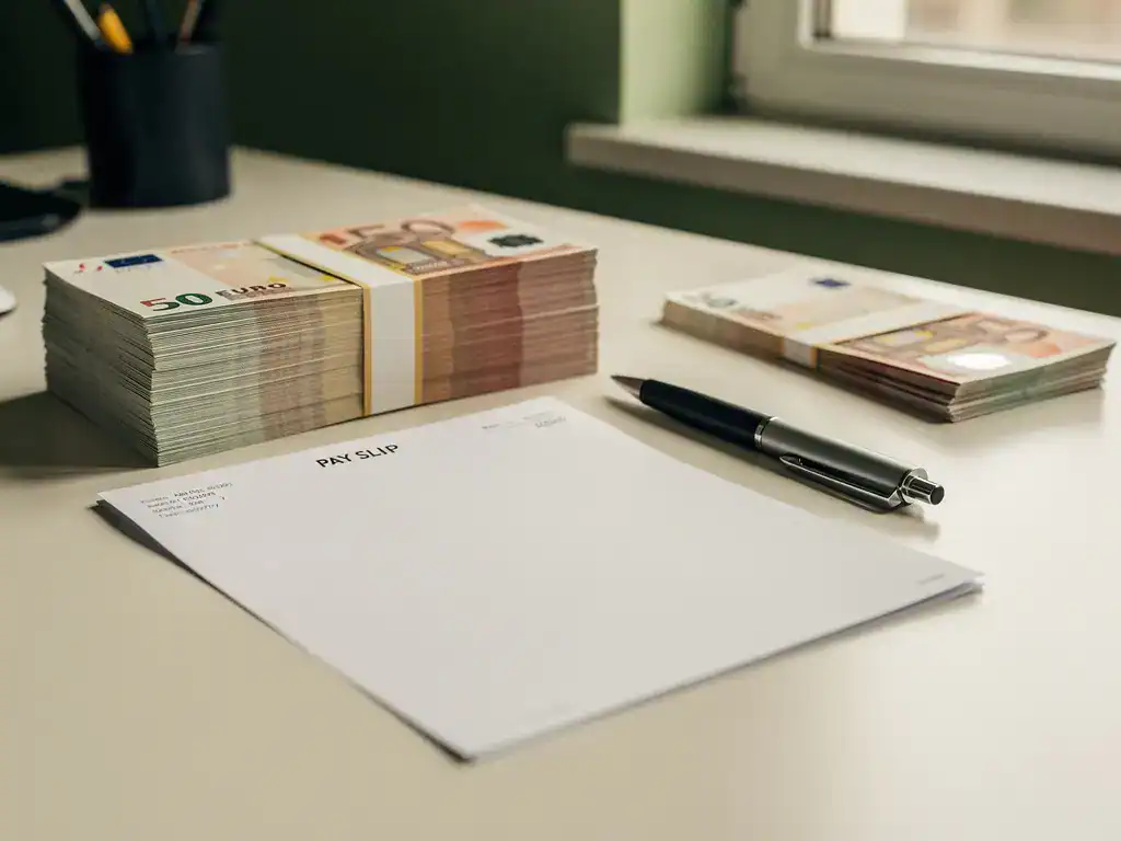 Loonstrook op kantoorbureau naast twee stapels eurobiljetten die bruto- en nettoloon symboliseren, met pen in zacht natuurlijk licht.