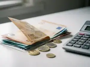 Loonstrook gedeeltelijk bedekt door eurobiljetten en munten op een wit bureau, met een rekenmachine ernaast.