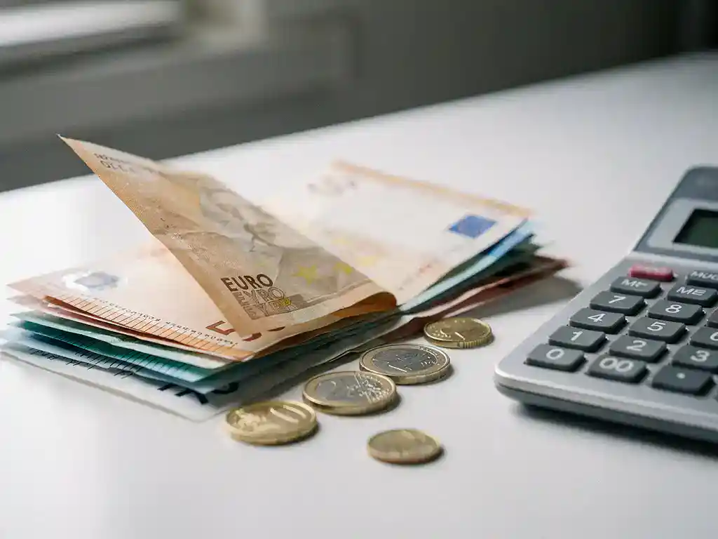 Loonstrook gedeeltelijk bedekt door eurobiljetten en munten op een wit bureau, met een rekenmachine ernaast.
