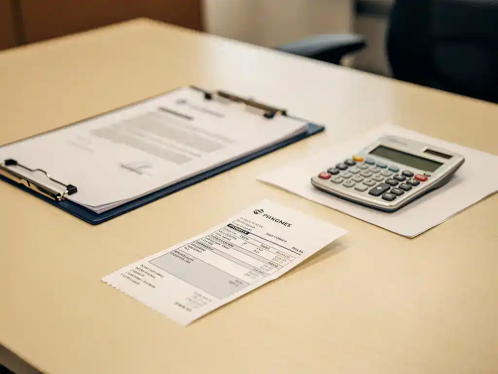 Georganiseerd salarisbeheerdersbureau met loonstrook, klembord met tijdelijk arbeidscontract en rekenmachine op wit papier.