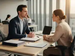 Manager geeft duidelijke instructies aan medewerker op modern kantoor, arbeidscontracten en salarisadministratie op bureau, natuurlijk licht.