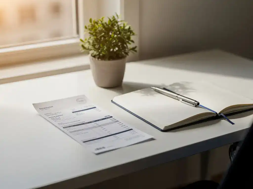 Nederlands kantoorbureau met loonstrook, notitieboek met salascijfers, pen en klein kamerplantje in warm natuurlijk licht.