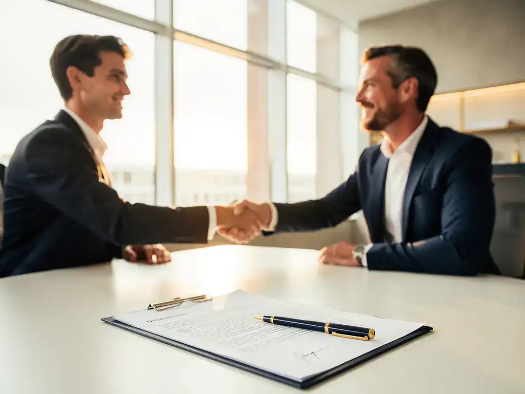 Nieuwe medewerker en manager schudden handen over bureau met getekend contract en pen, warm kantoorlicht op de achtergrond.