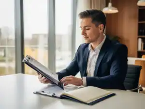 Ondernemer bekijkt personeelsdossier aan modern bureau bij groot raam, kandidatenselectie in Nederlands kantoor met warm natuurlijk daglicht.