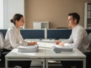 Payrollmedewerker en vaste collega zij aan zij aan moderne kantoorbureau's met identieke stapels documenten en loonstroken.