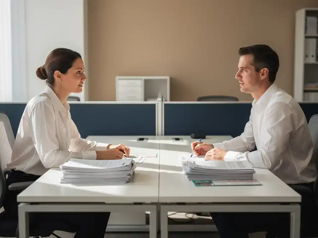 Payrollmedewerker en vaste collega zij aan zij aan moderne kantoorbureau's met identieke stapels documenten en loonstroken.