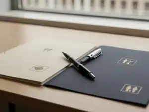 Twee arbeidscontractmappen op een Nederlands bureau, één met loondienstsstempel en één met uitzendbureausstempel, met een pen erover.