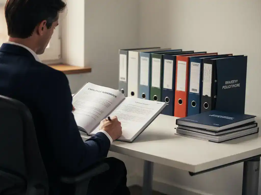 Salarisadministrateur aan modern bureau bestudeert personeelshandboek naast arbeidscontract, met geordende mappen en bedrijfsdocumenten.
