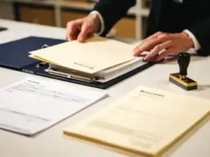 Personeelsmap die in een salarisadministratiemap wordt geschoven op een opgeruimd kantoorbureau, met een administratiestempel ernaast.