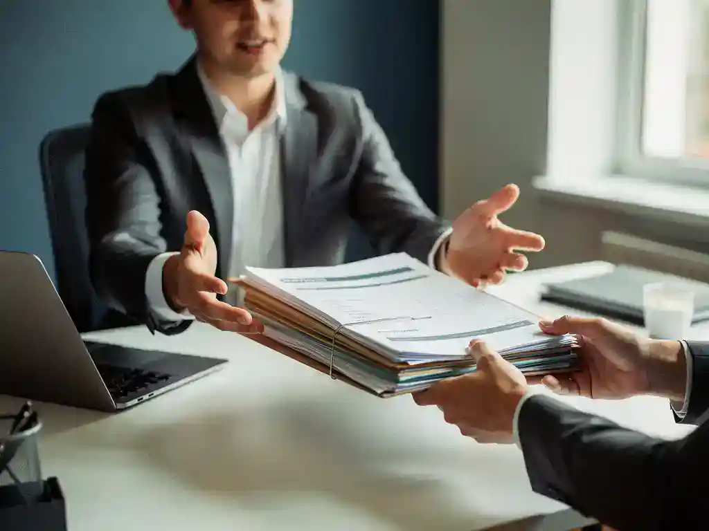 Recruiter overhandigt een stapel administratieve mappen en loonlijstdocumenten aan een collega, met laptop op modern bureau.