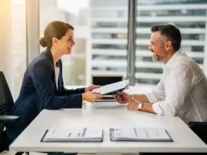 Recruiter overhandigt ondertekend contractmap aan lachende ondernemer bij modern bureau met salarisadministratie en laptop op achtergrond.