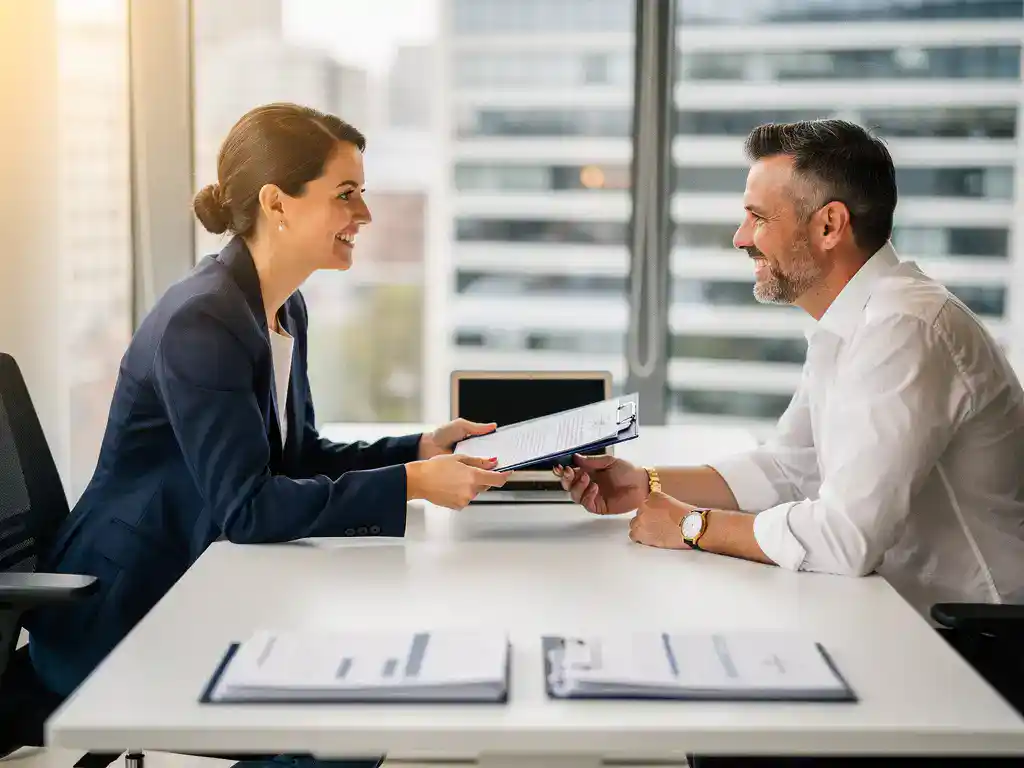 Recruiter overhandigt ondertekend contractmap aan lachende ondernemer bij modern bureau met salarisadministratie en laptop op achtergrond.