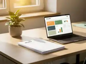 Opgeruimd modern Nederlands kantoorbureau met salarismap, groen potplantje en laptop met loonstrookdashboard in warm natuurlijk licht.