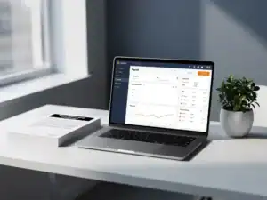 Loonoverzicht op laptopscherm op wit bureau naast arbeidscontracten en kamerplant, verlicht door natuurlijk raamlicht.