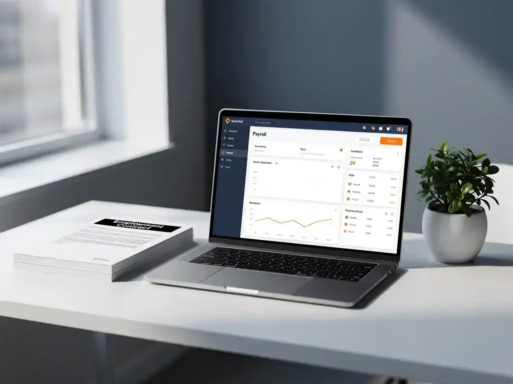 Loonoverzicht op laptopscherm op wit bureau naast arbeidscontracten en kamerplant, verlicht door natuurlijk raamlicht.