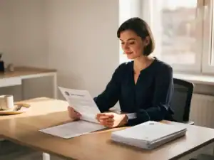 Salarismedewerker bekijkt arbeidscontract aan modern bureau met stapel officiële documenten, warm natuurlijk licht.