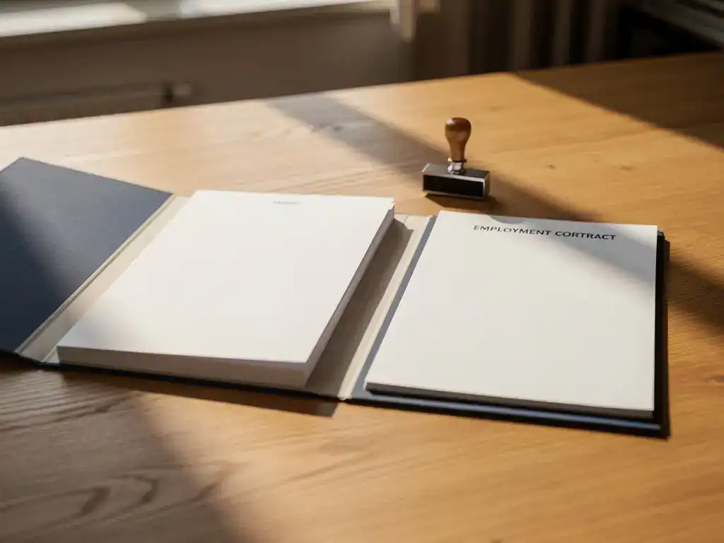 Eikenhouten bureau met open salarismap, arbeidsovereenkomst en bedrijfsstempel in warm middaglicht, professionele kantooromgeving.