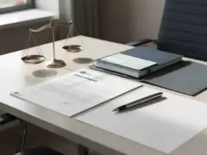 Bureau van salarisadministrateur met arbeidscontract, kleine weegschaal, loonstrookmap en pen op wit papier in zacht natuurlijk licht.
