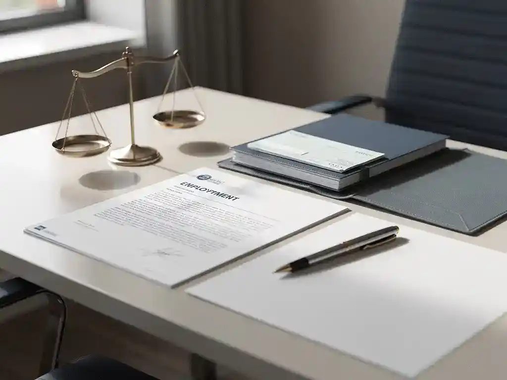 Bureau van salarisadministrateur met arbeidscontract, kleine weegschaal, loonstrookmap en pen op wit papier in zacht natuurlijk licht.