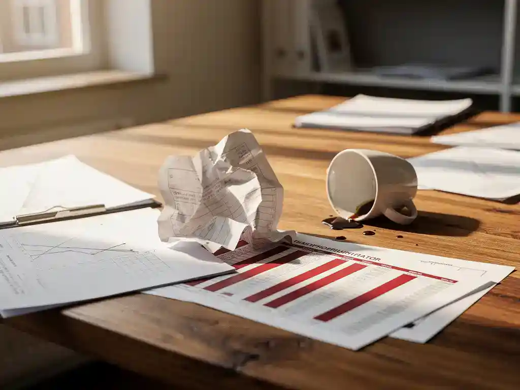 Omgevallen koffiekop op kantoorbureau naast verfrommeld salarisoverzicht en roodgemarkeerde loonstrook in warm Nederlands kantoor.